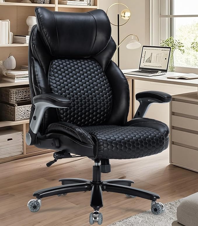 Office Chair Big and Tall 500lbs, Desk Chair Comfy, Oversized Computer Gaming Chair Extra Wide, Executive PU Leather Heavy Duty, Flip-Up Arm&Ergonomic Lumbar Support with Rubber Wheel