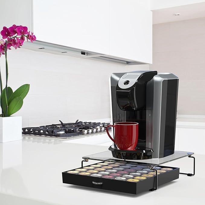 DecoBrothers Crystal Tempered Glass Holder Drawer for 36 Coffee Pods Storage, Black