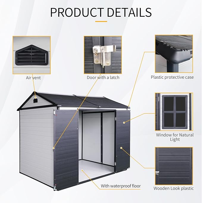8x6 FT Outdoor Storage Shed, Resin Garden Shed with Thick Floor, Plastic Storage Shed with 2 Windows, Waterproof Outside Tool Shed with Lockable Hinged Doors for Backyard, Patio, Lawn, Black+White