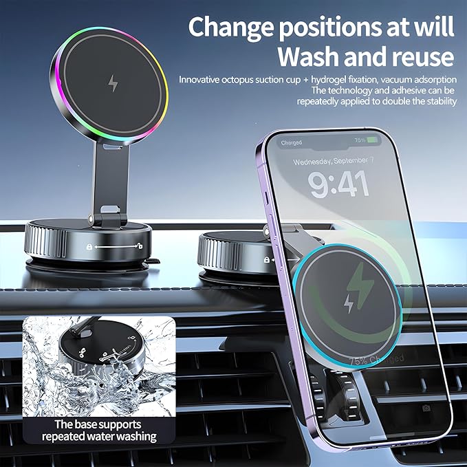 Wireless Charger Car Phone Holder for Magsafe,360°Adjustable Vacuum Magnetic Phone Holder,Nano Gel Suction Cup/RGB Light Suction Cup Mount for Non Smooth Surfaces Compatible iPhone&Android