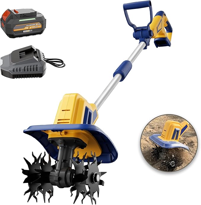 Cordless Tiller Cultivator Compatible with Dewalt 20V Battery, Electric Garden Rototiller w/270 RPM, 48 Steel Tines, 8.7" Tilling Width, 6.3" Depth, Portable Rotary Tiller, 4.0Ah Battery Included