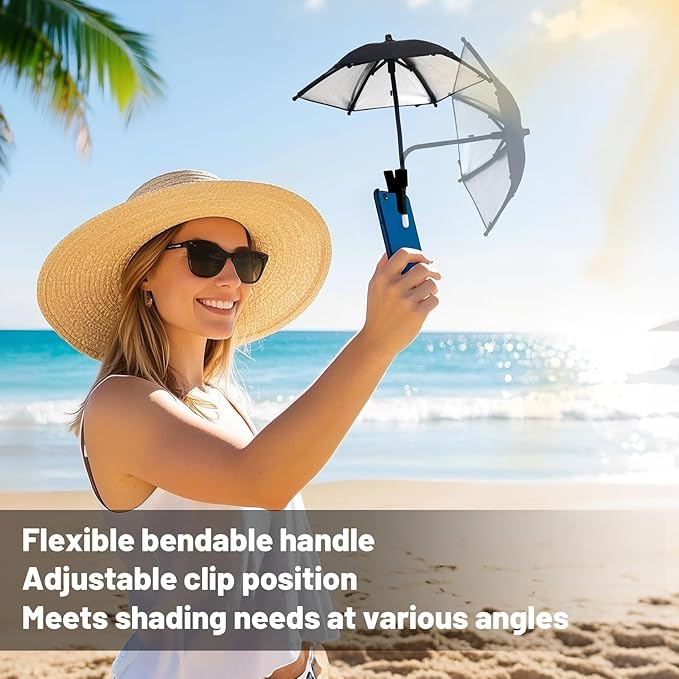 Mini Clip-on Phone Umbrella for Sun Flexible Adjustable Handle Cell Phone Umbrellas Sun Shade Protects from Sunlight and Glare Universal Fit for All Smartphones Black