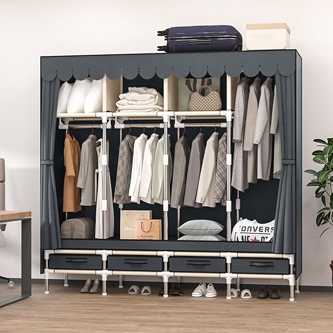 Large Portable Wardrobe with 4 Hanging Rods and Drawers, Armoire, Metal Storage Wardrobe Hangers, Upgraded Grey Non-Woven Dust Cover for Handing Closet,Large Closets for Bedroom