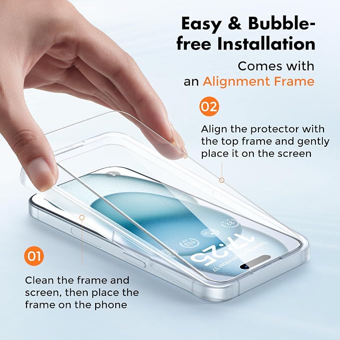 UNBREAKcable 4-Pack iPhone 15 Screen Protector 9H Hardness | 9H tempered glass | 99.99% HD clarity | Double Shatterproof|alignment frame easy install | case-friendly