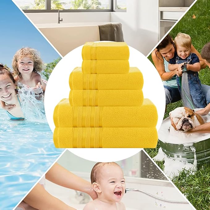 CASA COPENHAGEN Zero Twist, 6 Pieces Set 100% Cotton 0" Twist Towel Set- Butter Yellow, 600 GSM, 2 Bath, 2 Hand, 2 Washcloths Made from Egyptian Cotton, Ultra Soft Luxury Towels for Bathroom.