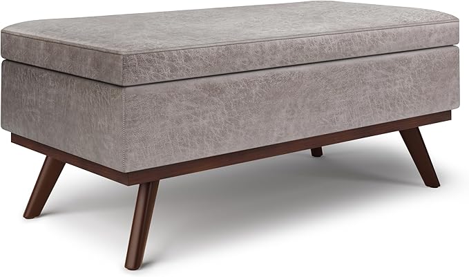 SIMPLIHOME Owen Lift Top Coffee Table Storage Ottoman - 42 inch Wide Upholstered Vegan Leather Rectangular Lift-Top Ottoman in Distressed Grey Taupe, Mid-Century Modern Ottoman for Living Room