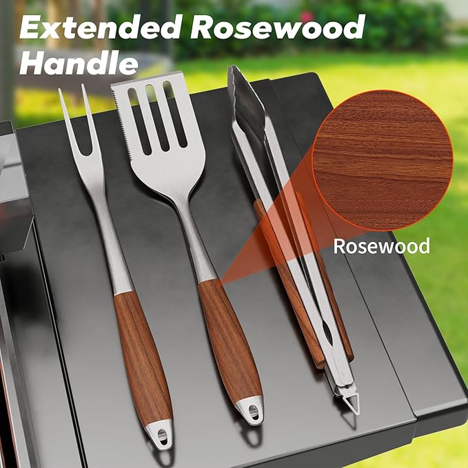 ENLOY Heavy-Duty Rose Wooden Barbecue Grilling Tools Set, Stainless Steel