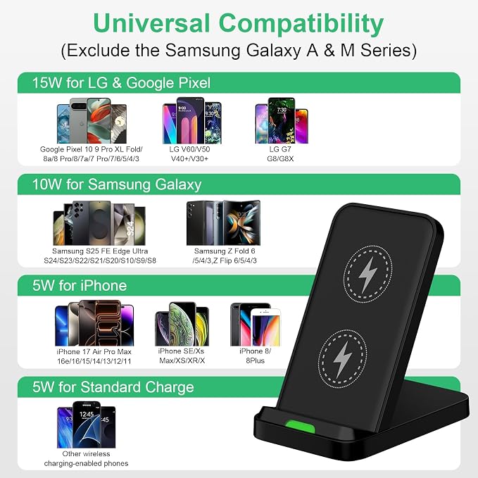 Wireless Phone Charger Android Stand for Android Samsung S26 Ultra/S26+/S26 | 15W Wireless Charging Pad Android Charger Flat Station Dock for Samsung Galaxy S26 S25 Ultra S25 FE S25 Edge S24 S23 S22 S