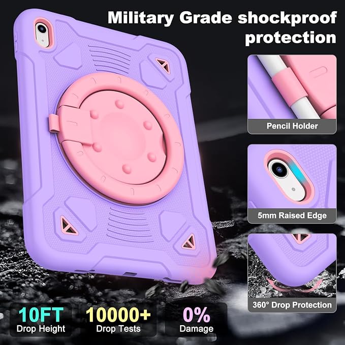 Case for iPad A16 11th / 10th Gen 10.9-Inch 360° Rotating Kickstand | Kids Shockproof Protective Cover with Handle Shoulder Strap &amp Pencil Holder Durable Silicone Case for Girls Black