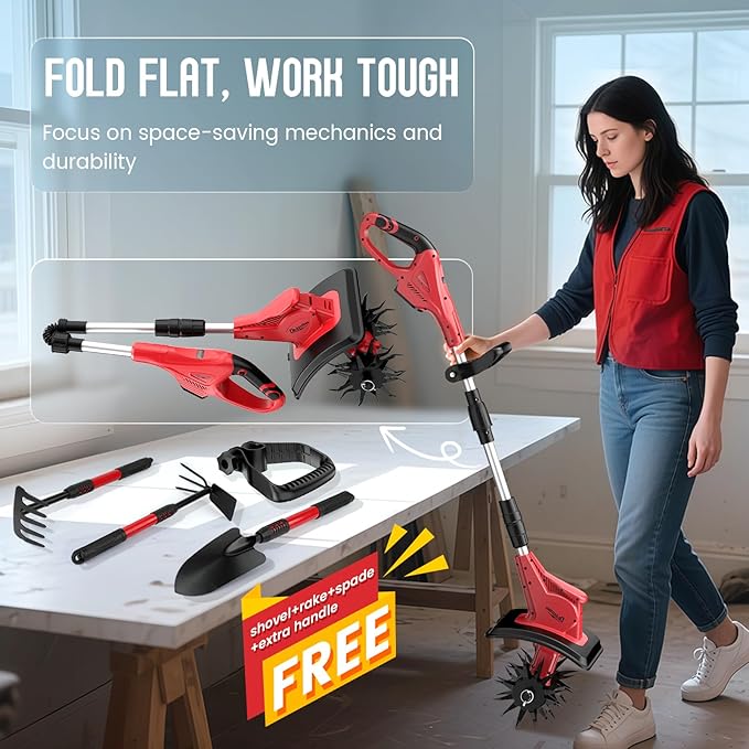 Cordless Tiller Cultivator for Milwaukee 18V Battery (Tool Only), 310RPM Electric Rototiller Garden Tools with 40 Steel Tines, 9.1In Tilling Width & 6.3In Depth Tiller for Gardening, Folding Design