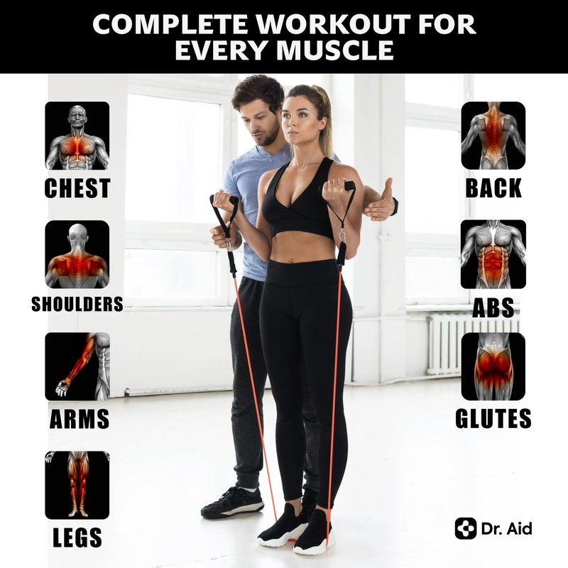 Dr. Aid Resistance Bands with Handles - 5 Stackable Exercise Bands for Working Out, Pure Latex, Smell-Free & Tear Resistant - Workout Resistance Set for Physical Therapy, Strength Training & Stretch