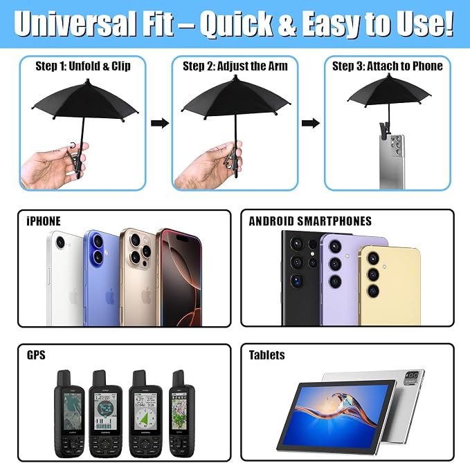 Phone Umbrella - Anti-Glare Sun Shade Phone Umbrella for Sun iPhone Clip On umbrella for phone sun shade Protects from Sunlight and Glare Outdoor Activities Universal Fit for All Smartphones
