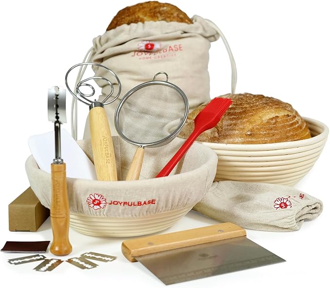 JOYFULBASE Banneton Bread Proofing Basket Set of 2 Sourdough Starter Kit with 9- Inch Round Baskets Fermentation Proofing Bowls Artisan Sourdough Bread Baking Supplies with Tools Liners and Linen Bag