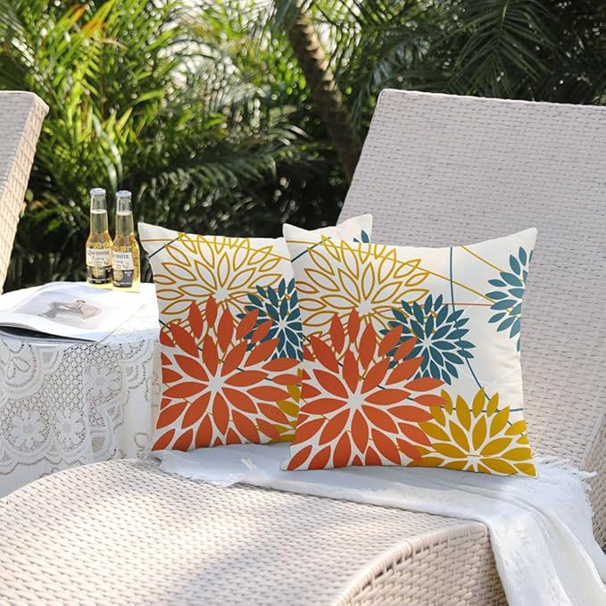 Orange and Yellow Floral Pillow Covers 20x20 Set of 2 Fall Outdoor Waterproof Decorative Throw Pillows Summer Pillowcovers Polyester Cushion Case Decor for Couch Patio Funiture Garden Porch 01Q20