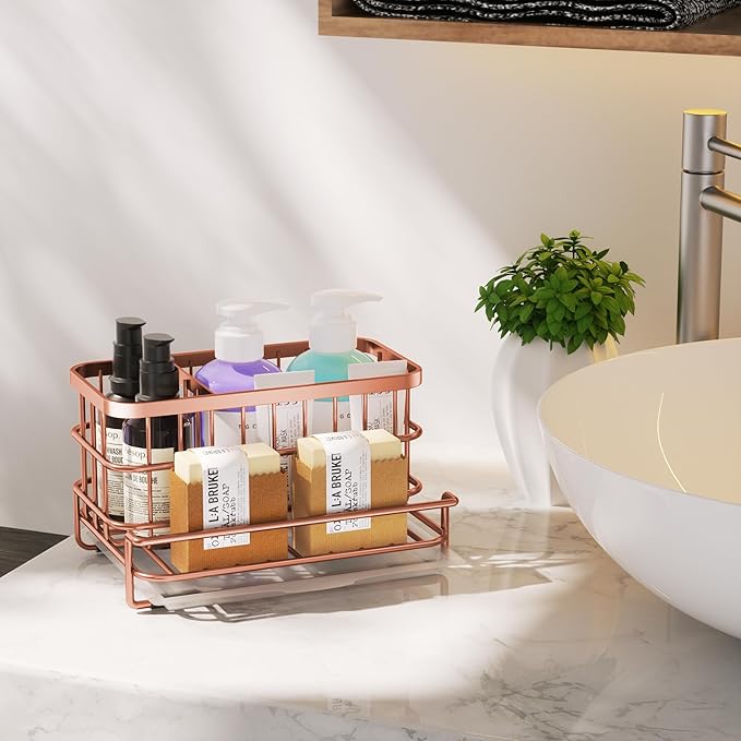 HapiRm Multifunctional Kitchen Sink Organizer, Large Sink Caddy with Drain Tray, SUS304 Stainless Steel Rustproof Sponge Holder for Kitchen Countertop - Rose Gold