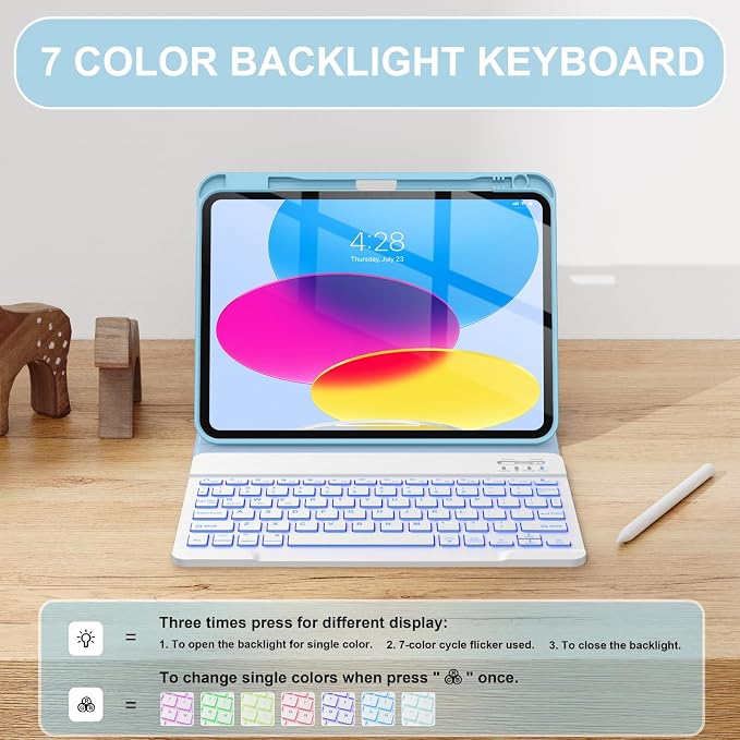 Soke for iPad (A16) 11th/10th Gen Case with Keyboard Black Marble | For iPad 11/10.9 inch(2025/2022) 7 Color Backlight Magnetic wireless Detachable Keyboard Case Built-in Pencil Holder