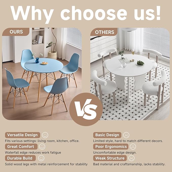 35.5'' 5 Piece Round Dining Table Set for 4, Mid-Century Modern Table with Chairs, Space Saving, Plastic Seats, Wood Legs, Circle Dinner Table for Kitchen, Home, Apartment, Blue