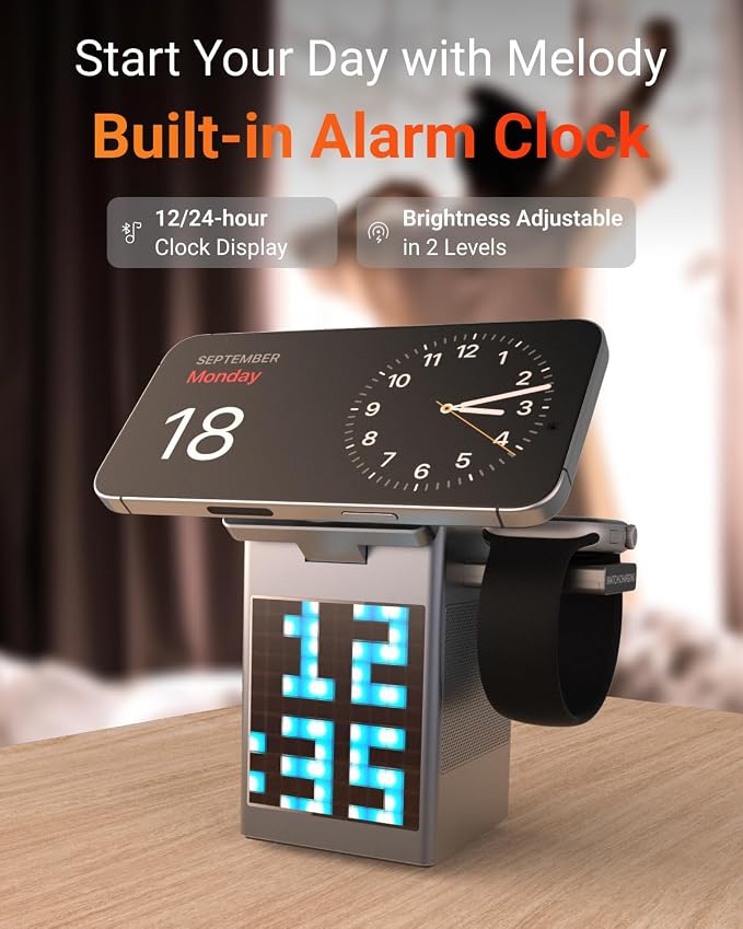 M A D LAB 15W Fast Wireless Magnetic Phone Charger for iPhone &amp Android Charging Station with Alarm Clock Bluetooth Speaker Pixel Display Compatible for AirPods Apple Watch (No Adapter)