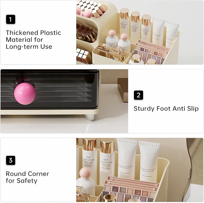 Makeup Organizer for Vanity with Brush Holder, Countertop Organizer with 2 Drawers, Spacious Cosmetic Display Case for Beauty Essential, Skincare, Lipstick