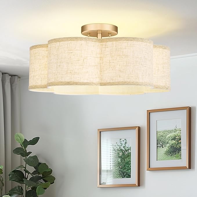Semi Flush Mount Ceiling Lights, 6-Light 18" Gold Light Fixtures Ceiling Mount with Fabric Shade in Flower Shape, Drum Lighting Fixture for Nursery Bedroom Kitchen, AD-22007-6SF-GD-B