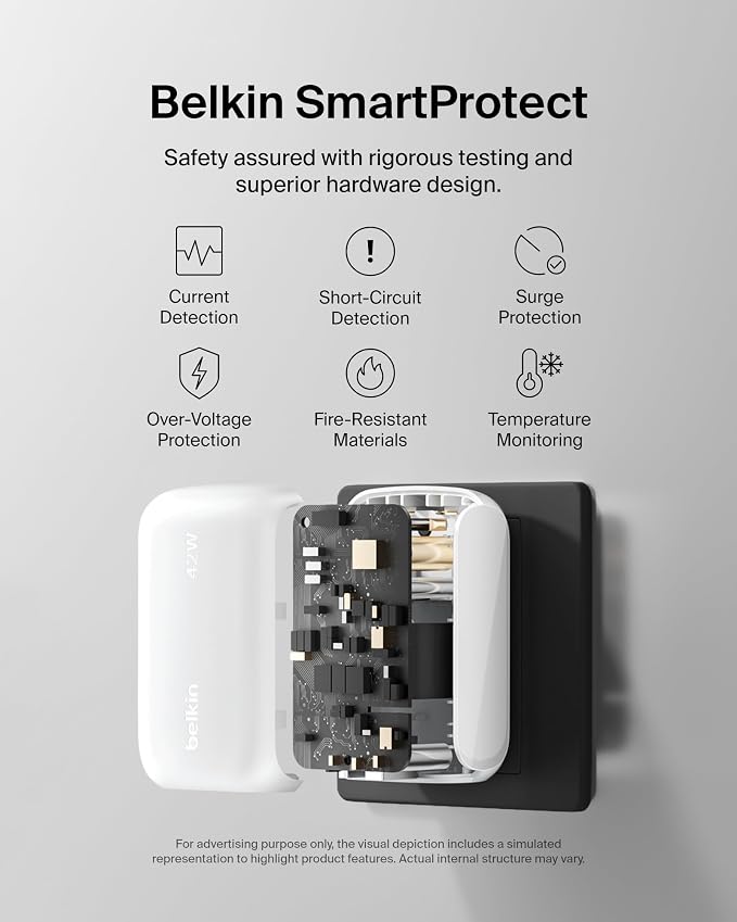 Belkin 42W Dual Port USB C and USB A Charger Block Fast Charging | Super Fast Charging Samsung Galaxy S26 iPhone 17 Air Pro Pro Max iPad AirPods Apple Watch