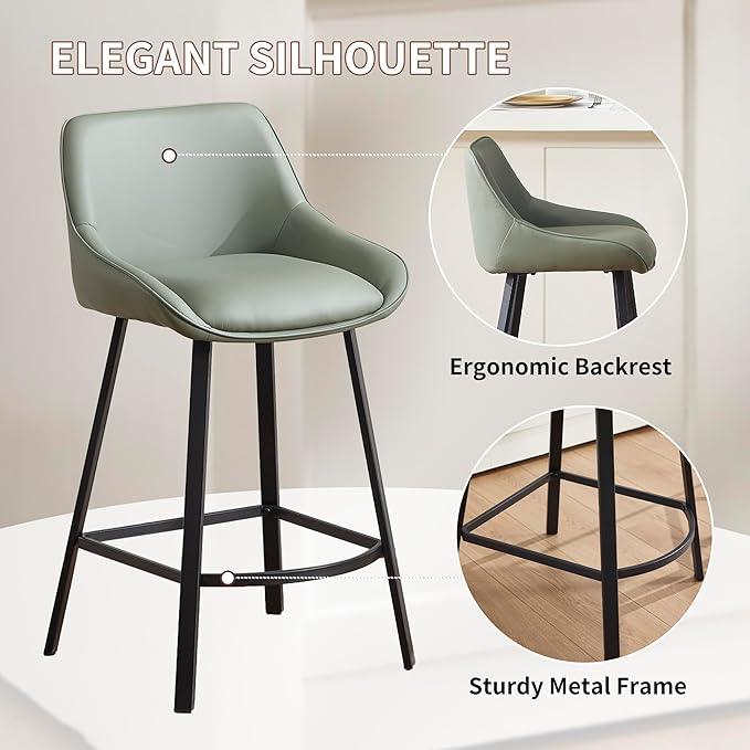 26" Modern Bar Stools Set of 2, Faux Leather Upholstered Bar Stools, Counter Height Bar Chairs with Back for Kitchen, Dining Room, Cafe, Bar - Green