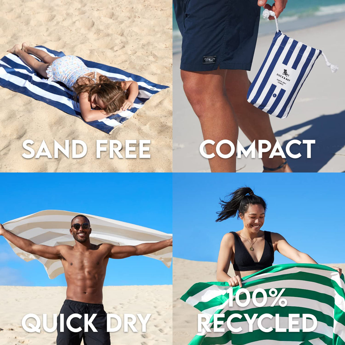 Dock & Bay Beach Towel - Quick Dry, Sand Free - Compact, Lightweight - 100% Recycled - Includes Bag - Cabana - Waikiki Coral Red - Large (160x90cm, 63x35)