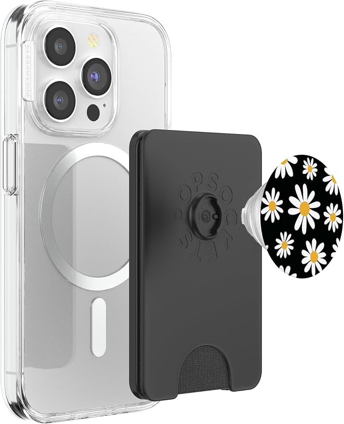 Daisies Floral Retro Pattern Large Scale Daisy on Black PopSockets Adhesive PopGrip