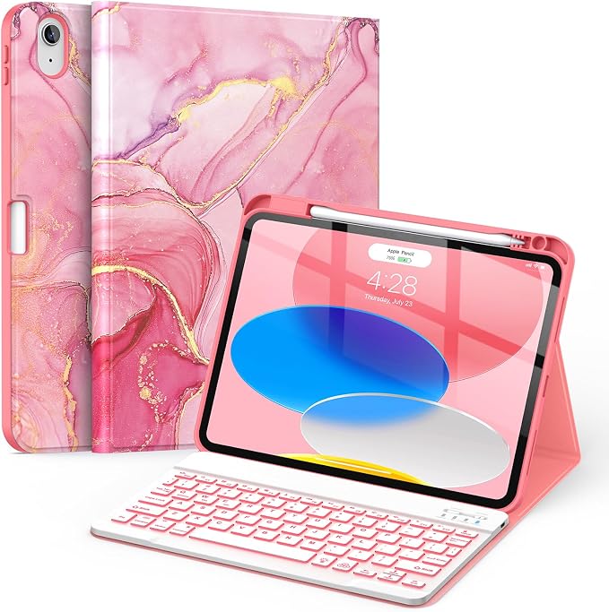 Soke for iPad (A16) 11th/10th Gen Case with Keyboard Black Marble | For iPad 11/10.9 inch(2025/2022) 7 Color Backlight Magnetic wireless Detachable Keyboard Case Built-in Pencil Holder