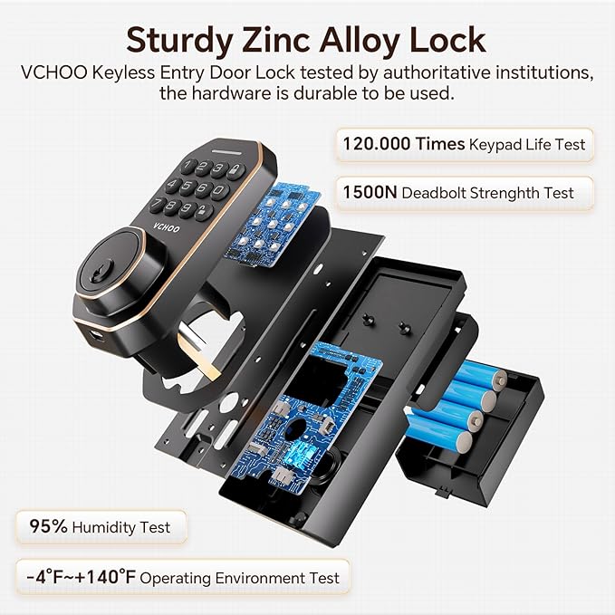 VCHOO Keyless Entry Door Lock Set Smart Locks for Front Door Keypad Door Lock with Handle Auto Lock One Time Password Anti Peeping Password IP54, Bronze