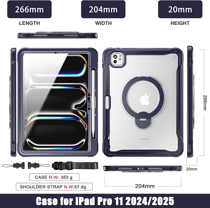 Lunivop Compatible with iPad Pro 11 Inch Case (M5/M4) 2025/2024 with 360° Rotating Aluminium Stan Stand Built-in 9H+ Hardness Screen Protector Military - Grade Tablet Cover Black