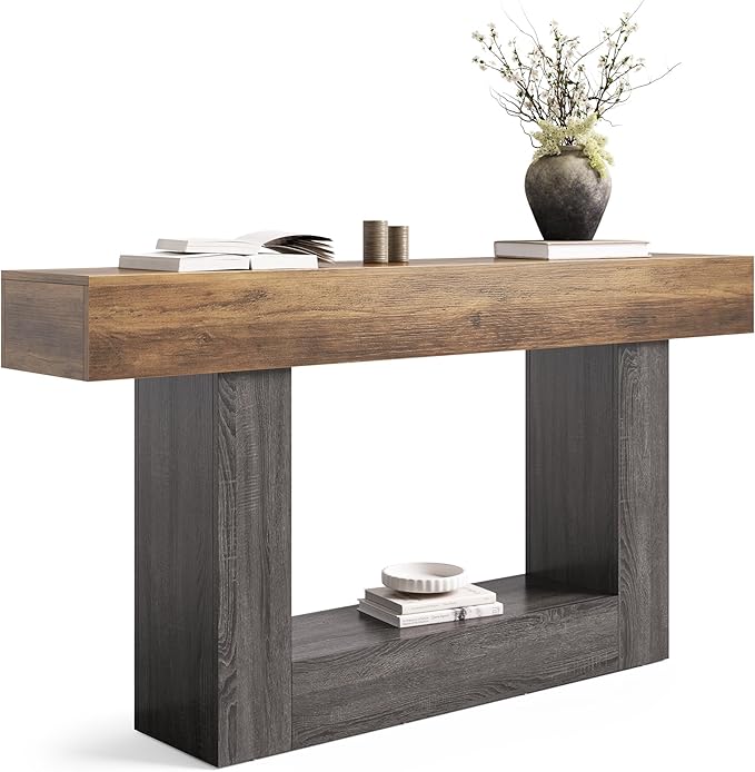 LITTLE TREE 63 Inches Long Console Table, 2-Tier Farmhouse Sofa Table Behind Couch, Large Narrow Entryway Table for Living Room, Wooden Hallway Foyer Table with Heavy Duty Base, Rustic Brown and Grey