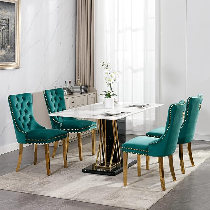 Luxury Upholstered Dining Chairs Set of 2, Green Kitchen Chair with Golden Metal Legs, Velvet Tufted Back Dining Chair, Sillas de Comedor, Modern Kitchen & Dining Room Chairs (Green, 2 Pcs)