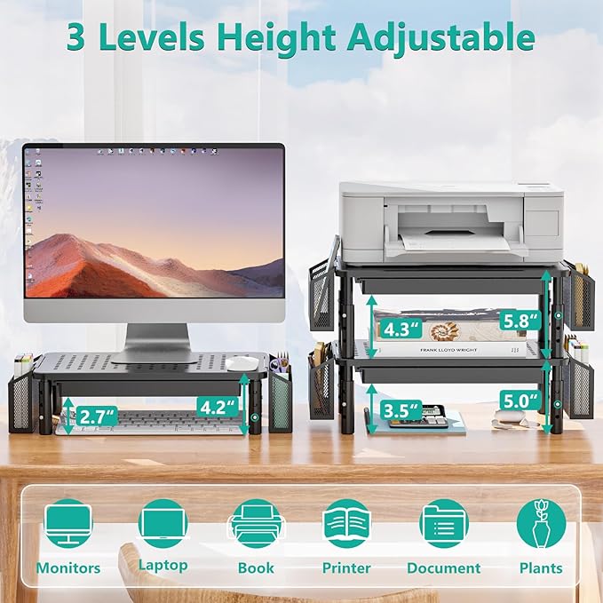 WALI Computer Monitor Stand with Storage, Desk Organizer with Drawer and Pen Holder, Desk Monitor Riser 3 Height Adjustable, Laptop Riser for Computer, Laptop, Printer (STT003DH-B), 1 Pack, Black