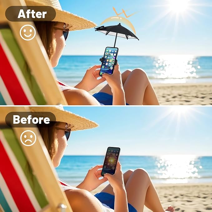 Fixed Clip-on Phone Umbrella for Sun with Flexible Adjustable Handle Mini Strong Clip Cell Phone Umbrellas Sun Shade Anti Sunlight and Glare fits for Universal Smartphones