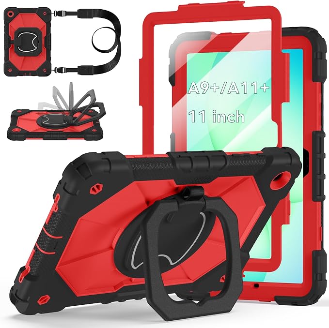 Case for Samsung Galaxy Tab A9 Plus 11 Inch 2023 Ubearkk Rugged Case for Samsung Galaxy A9+ Tablet SM-X210/X216/X218 with Screen Protector 360 Rotating Stand Shoulder Strap Pen Holder Black