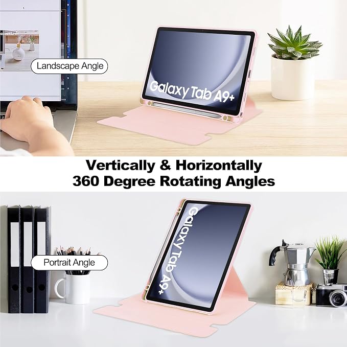 Tablet Case for Samsung Galaxy TAB A9+/A9 Plus with S Pen Holder 360° Swiveling Stand Shockproof Cover with Clear Transparent Back Shell Auto Wake/Sleep (Black Galaxy Tab A9 Plus)