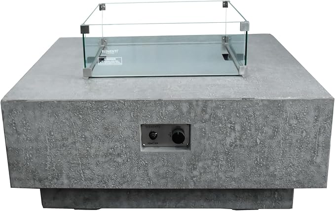 Elementi | Bundle Manhattan Gas Fire Pit Cast Concrete 36" Square Fire Table, Outdoor Fire Pit Electronic Ignition | Canvas Cover, Lava Rock Included | Light Gray (Propane Gas)