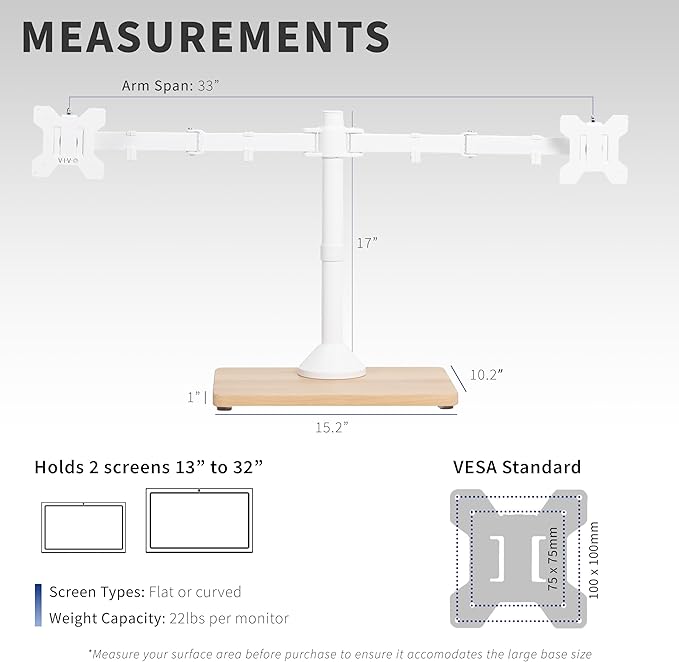 VIVO Freestanding Dual Monitor Stand with Solid Wood Base and Adjustable Arms, Mounts 2 Screens up to 32 inch and 22 lbs Each, White, STAND-V002FD-W