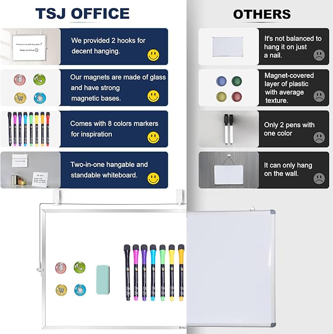TSJ OFFICE Small White Board - 18 X 14 Inches Small Magnetic Dry Erase Board with Hooks for Wall, Desktop Whiteboard Stand 360 Degrees Revolving Double Sided for Office, Home, School, Silver