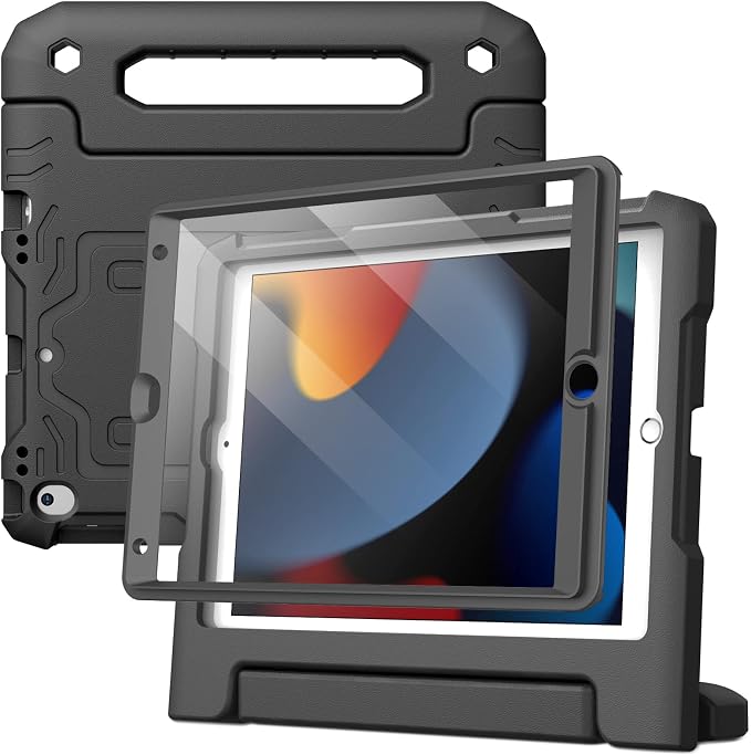 JETech Kids Case for iPad 9th/8th/7th Gen 10.2 Black | Built-in Screen Protector 360° Rotating Handle Stand Shockproof Full-Body Protection Kid-Friendly Design