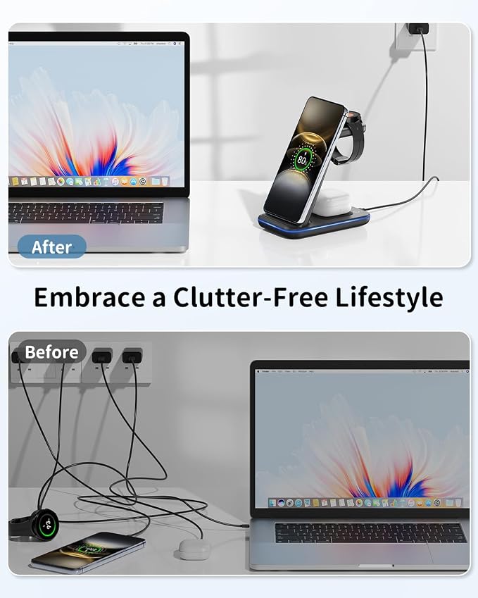 Wireless Charger for Samsung&ampAndroid: JoyGeek 3 in 1 Charging Station for S26/S25/S24/S23/S22/S21/S20/Note20/Z Fold&ampFlip Galaxy Watch8/7/6/5/4/3/Active2/1 Buds 3 Pro