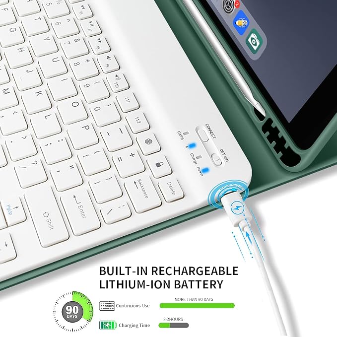 kenke Keyboard Case for iPad 9th/8th/7th Generation 10.2 Inch 2021/2020/2019 Soft TPU Back Stand Cover Smart Case with Pencil Holder Magnetically Detachable Wireless Bluetooth Keyboard Dark Green