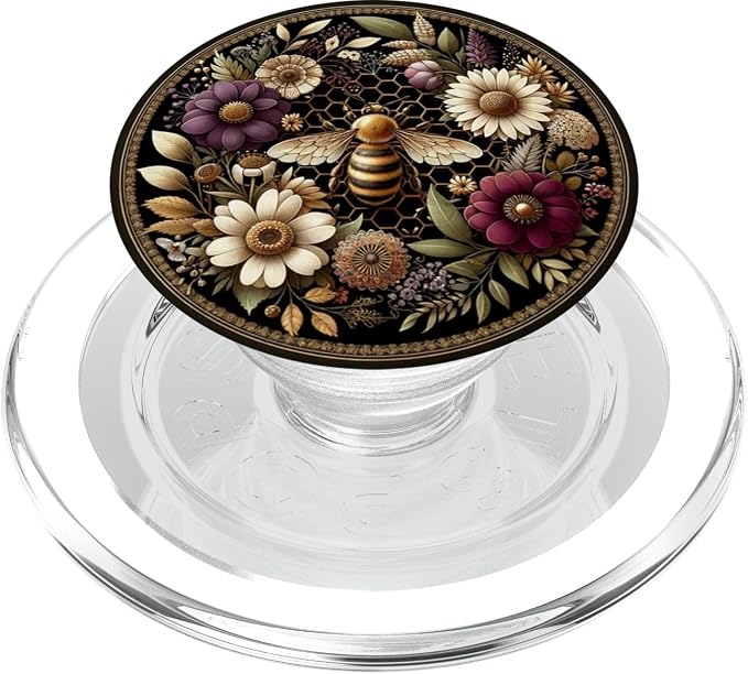 Floral Boho Bee Aesthetic Honey Beekeeper Black PopSockets PopGrip for MagSafe