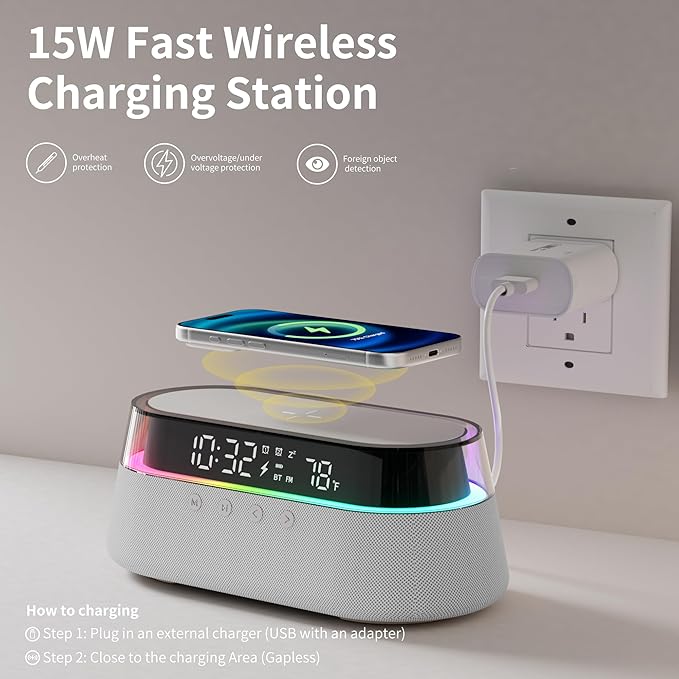 KUANGXIANG 6-in-1 Bluetooth Speaker Alarm Clock with Remote, 15W Fast Wireless Charger, FM Radio & Dimmable LED Night Light, Dual Digital Clock for Bedroom Home Office, Ideal for Him, Men Women