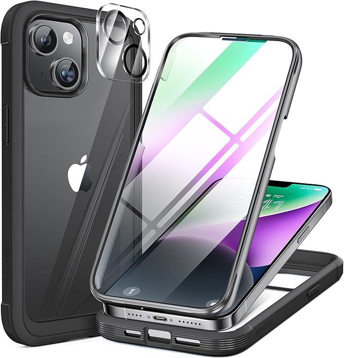 Miracase Designed for iPhone 14 Case 6.1 inch, [Built-in Tempered Glass Screen Protector] [Bubble Free] Full-Body Protective Bumper Phone Case with Camera Lens Protector, Black