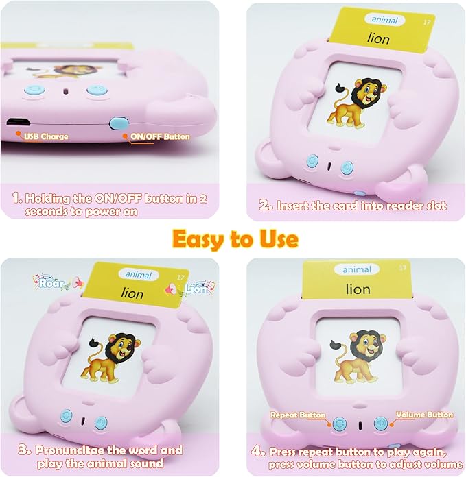 Spanish & English 510 Words Alphabet Bilingual Talking Flash Cards for 3-8 Years Toddlers, Pocket Speech Buddy Therapy Autism Toys, Educational Learning Interactive Toy for Boys Girls Kids Gifts Pink