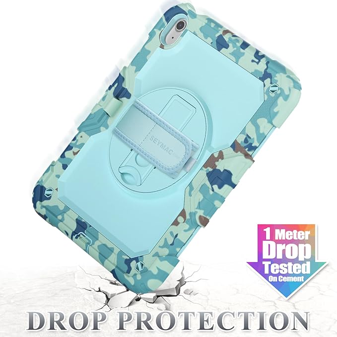 SEYMAC stock Case for iPad (A16) 11th/10th Generation 11''/10.9'' 2025/2022, Full-Body Drop Protection Case with Screen Protector &360° Rotate Hand Strap/Stand, SkyBlue Camo