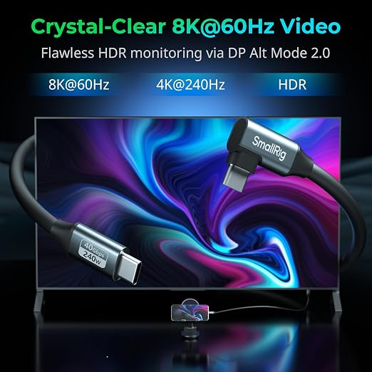 SMALLRIG USB4 40Gbps USB-C Cable 240W PD 3.1 Fast Charging 8K@60Hz Video 100cm/39.4in Straight to Angled Connectors with Cable Tie for MacBook Pro for iPad Pro for iPhone 17/16/15 Series - 5732