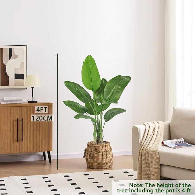 Birds of Paradise Plant Artificial, 4FT Fake Plants Faux Banana Leaf Tree with 9 Banana Leaves, Lifelike Tall Fake Tropical Palm Indoor Silk Floor Plant in Black Pot for House,Office,Room,Home Decor